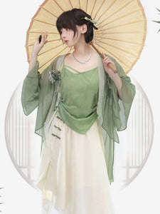 Chinese Style Lolita Outfits Green Long Sleeves Overcoat Long Skirt Top