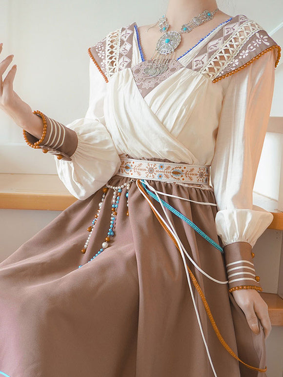 Chinese Style Lolita Outfits Light Brown Chains Jacquard Long Sleeves Dress Accessory