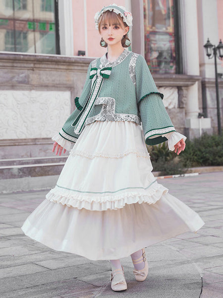 Chinese Style Lolita Outfits Light Green Bow Lace Lace Long Sleeves Skirt Top