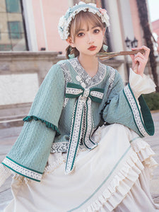 Chinese Style Lolita Outfits Light Green Bow Lace Lace Long Sleeves Skirt Top