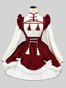 Chinese Style Maid Lolita Dress Ruffles Long Sleeves Polyester Red Lolita Dress