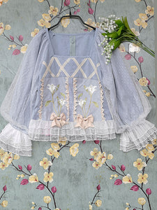 Classic Lolita Blouses Infanta Bows Lace Long Sleeves Lolita Top Top Floral Print Blue Gray Lolita Shirt