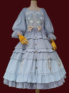 Classic Lolita Blouses Infanta Bows Lace Long Sleeves Lolita Top Top Floral Print Blue Gray Lolita Shirt