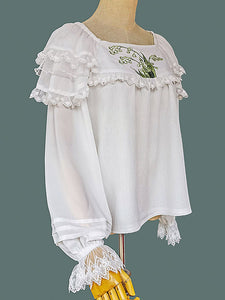 Classic Lolita Blouses Lolita Top Infanta White Long Sleeves Lace Embroidered Floral Print Lolita Shirt