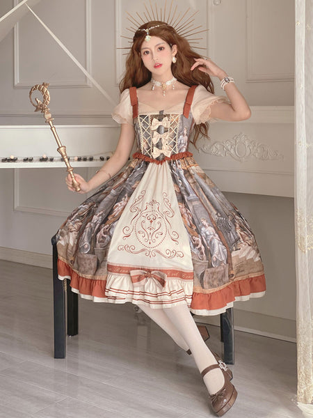 Classic Lolita Dress Bows Printing Short Sleeves Coffee Brown Lolita JSK Dress