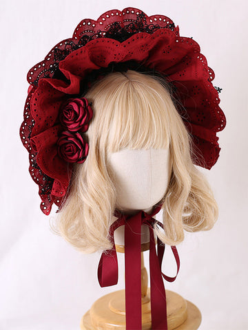 Classic Lolita Hat Burgundy Flowers Accessory Lace Polyester Lolita Accessories
