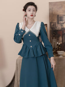 Classic Lolita Outfits Teal Ruffles Long Sleeves Top Skirt