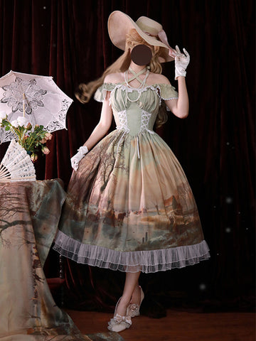 Classical Lolita Dress Chiffon Ruffles Sleeveless Lolita Dresses Floral Print Classic Blue