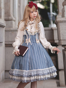 Classical Lolita Dress Cotton Bows Sleeveless Lolita Dresses Stripes Light Sky Blue