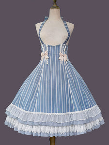 Classical Lolita Dress Cotton Bows Sleeveless Lolita Dresses Stripes Light Sky Blue