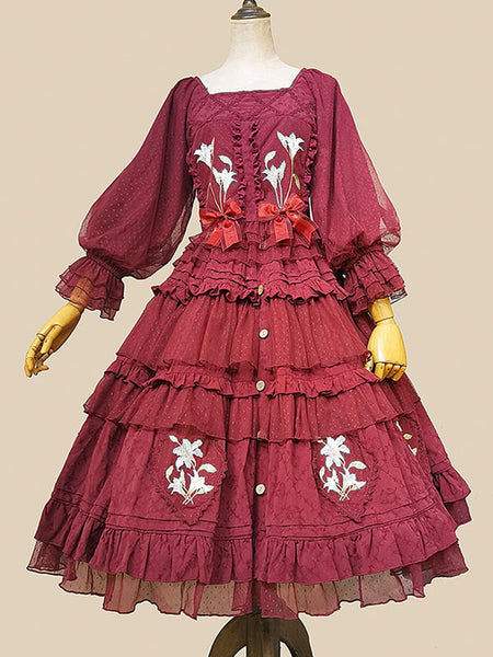 Classical Lolita Dress Cotton Embroidered Sleeveless Lolita Dresses Burgundy