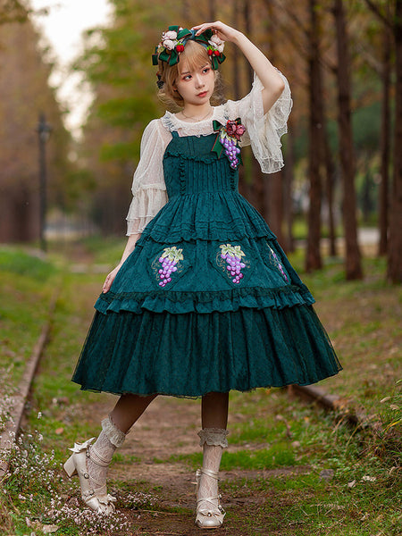 Classical Lolita Dress Cotton Lace Sleeveless Lolita Dresses Floral Print Grape