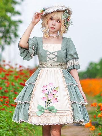 Classical Lolita Dress Cotton Ruffles Lolita Dresses Short Sleeves Floral Print Sage
