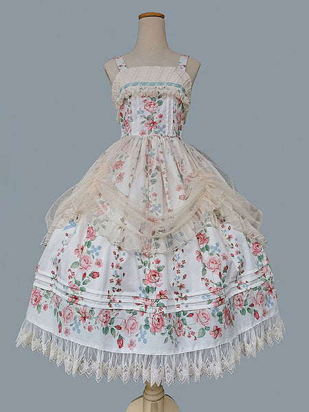 Classical Lolita Dress Cotton Sleeveless Floral Print Lolita Dresses Light Apricot