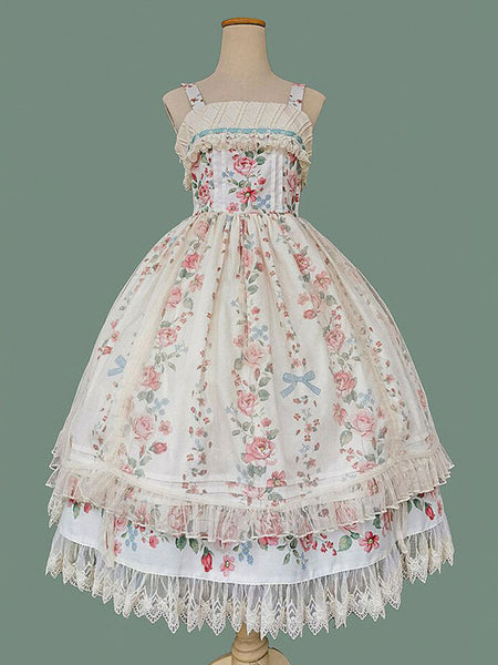 Classical Lolita Dress Cotton Sleeveless Floral Print Lolita Dresses Light Apricot