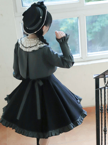 Classical Lolita Dress Polyester Bows Lolita Dresses Long Sleeves Stripes Classic Black