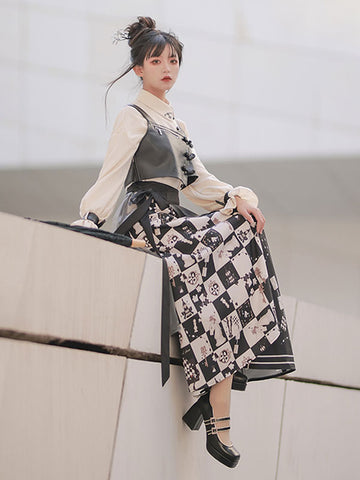 Classical Lolita Dress Polyester Bows Long Sleeves Lolita Dresses Checkerboard Pattern Black