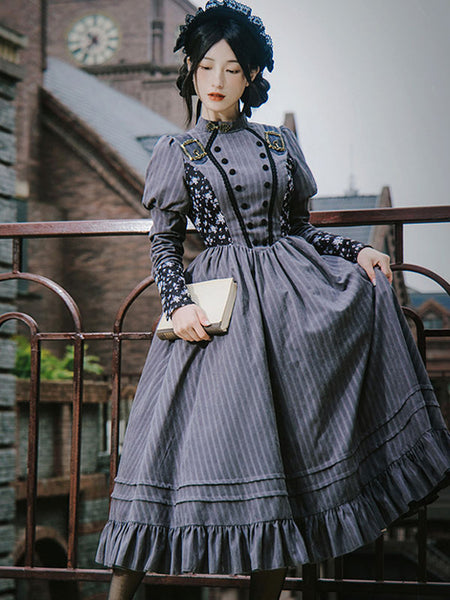Classical Lolita Dress Polyester Long Sleeves Classic Lolita Dresses Gray