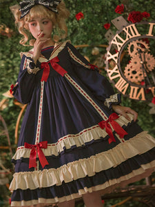 Classical Lolita Dress Polyester Long Sleeves Lolita Dresses Classic Blue