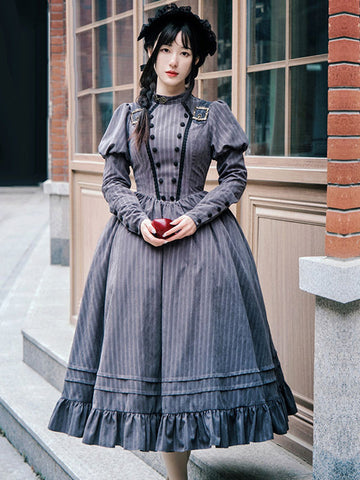 Classical Lolita Dress Polyester Long Sleeves Stripes Lolita Dresses Classic Gray