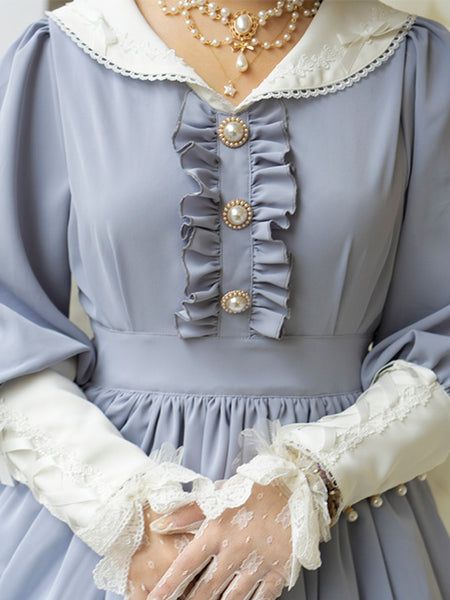 Classical Lolita Dress Polyester Ruffles Lolita Dresses Long Sleeves Classic Baby Blue