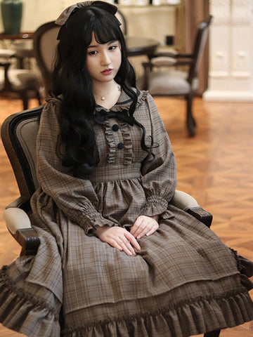 Classical Lolita Dress Polyester Ruffles Long Sleeves Lolita Dresses Plaid Academic Deep Brown