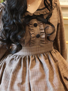 Classical Lolita Dress Polyester Ruffles Long Sleeves Lolita Dresses Plaid Academic Deep Brown