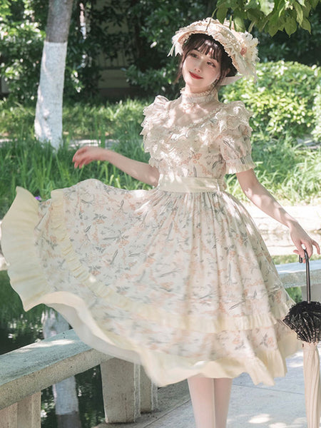 Classical Lolita Dress Polyester Short Sleeves Lolita Dresses Floral Print Classic Ecru White