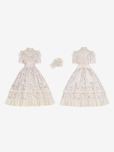 Classical Lolita Dress Polyester Short Sleeves Lolita Dresses Floral Print Classic Ecru White