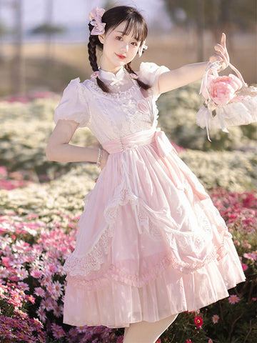 Classical Lolita Dress Polyester Short Sleeves Lolita Dresses Floral Print Classic Pink