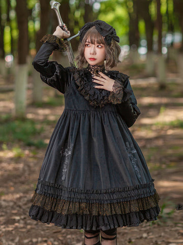 Classical Lolita Dress Velour Long Sleeves Black Lolita Dresses