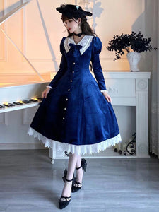 Classical Lolita Dress Velour Short Sleeves Color Block Lolita Dresses Classic Deep Blue