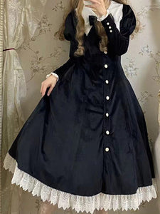 Classical Lolita Dress Velour Short Sleeves Color Block Lolita Dresses Classic Deep Blue
