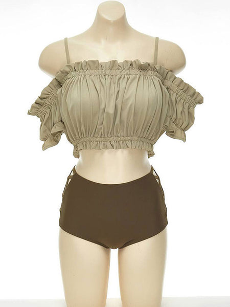 Coffee Brown Lolita Outfits Ruffles Short Sleeves Pants  Swimsuit