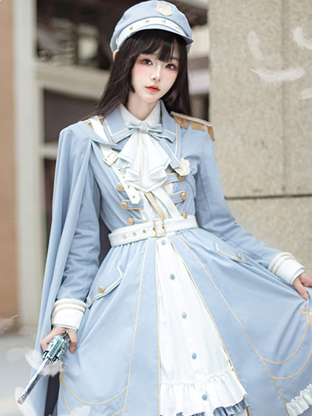 Costumes Military Uniform Lolita Army Metallic Ruffles Chains Baby Blue Baby Blue