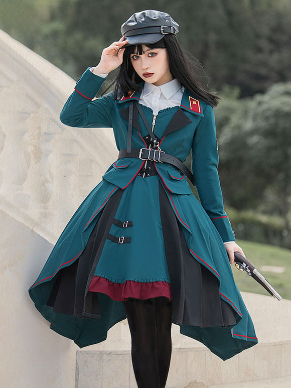 Costumes Military Uniform Lolita Army Ruffles Grommets Cyan Cyan