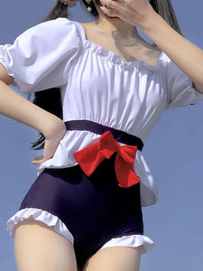 Dark Navy Lolita Outfits Ruffles Bows Short Sleeves Swimsuit