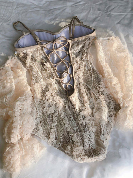 Ecru White Lolita Outfits Lace Ruffles Flowers Sleeveless Jumpsuit