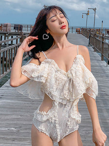 Ecru White Lolita Outfits Ruffles Lace Flowers Sleeveless Swimsuit