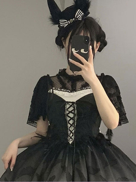 Gothic Lolita Blouses Lolita Top Black Short Sleeves Ruffles Lace Lolita Shirt