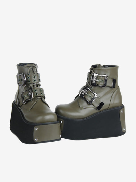 Gothic Lolita Boots Black Grommets Round Toe PU Leather Lolita Footwear