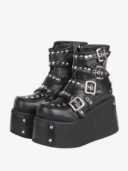 Gothic Lolita Boots Black Grommets Round Toe PU Leather Lolita Footwear