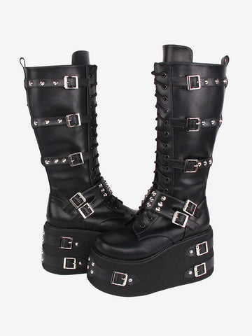 Gothic Lolita Boots Black Grommets Two-Tone Round Toe PU Leather Lolita Footwear