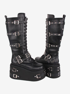 Gothic Lolita Boots Black Grommets Two-Tone Round Toe PU Leather Lolita Footwear
