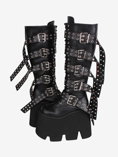 Gothic Lolita Boots Black PU Round Toe PU Leather Lolita Footwear
