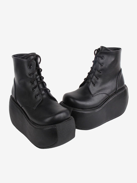 Gothic Lolita Boots Black Round Toe PU Leather Lolita Footwear