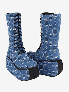 Gothic Lolita Boots Canvas Woven Grommets Round Toe As Image Lolita Footwear