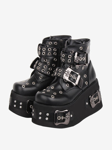 Gothic Lolita Boots PU Leather Grommets Round Toe Black Lolita Footwear