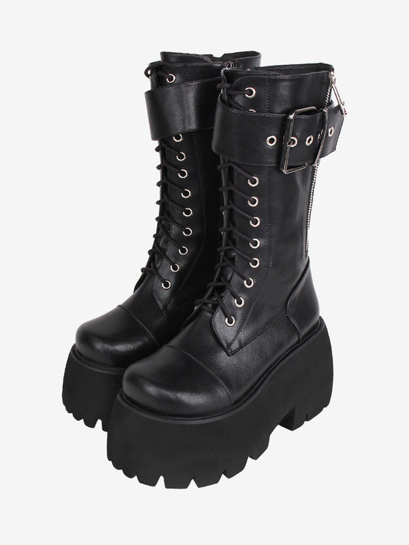 Gothic Lolita Boots PU Leather PU Round Toe Black Lolita Footwear