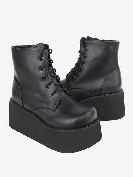 Gothic Lolita Boots PU Leather Round Toe Black Lolita Footwear
